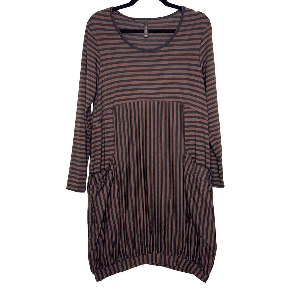 Match Point USA Bubble Dress Size Small Brown Black Stripe Pockets Lagenlook